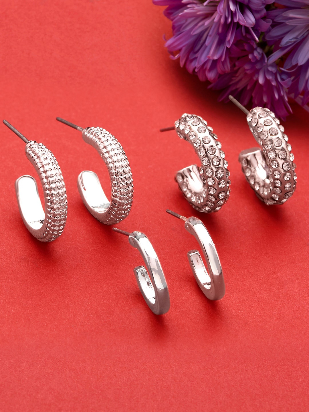 

Accessorize London Set of 3 Pave Chunky Half Hoop Earrings, Silver