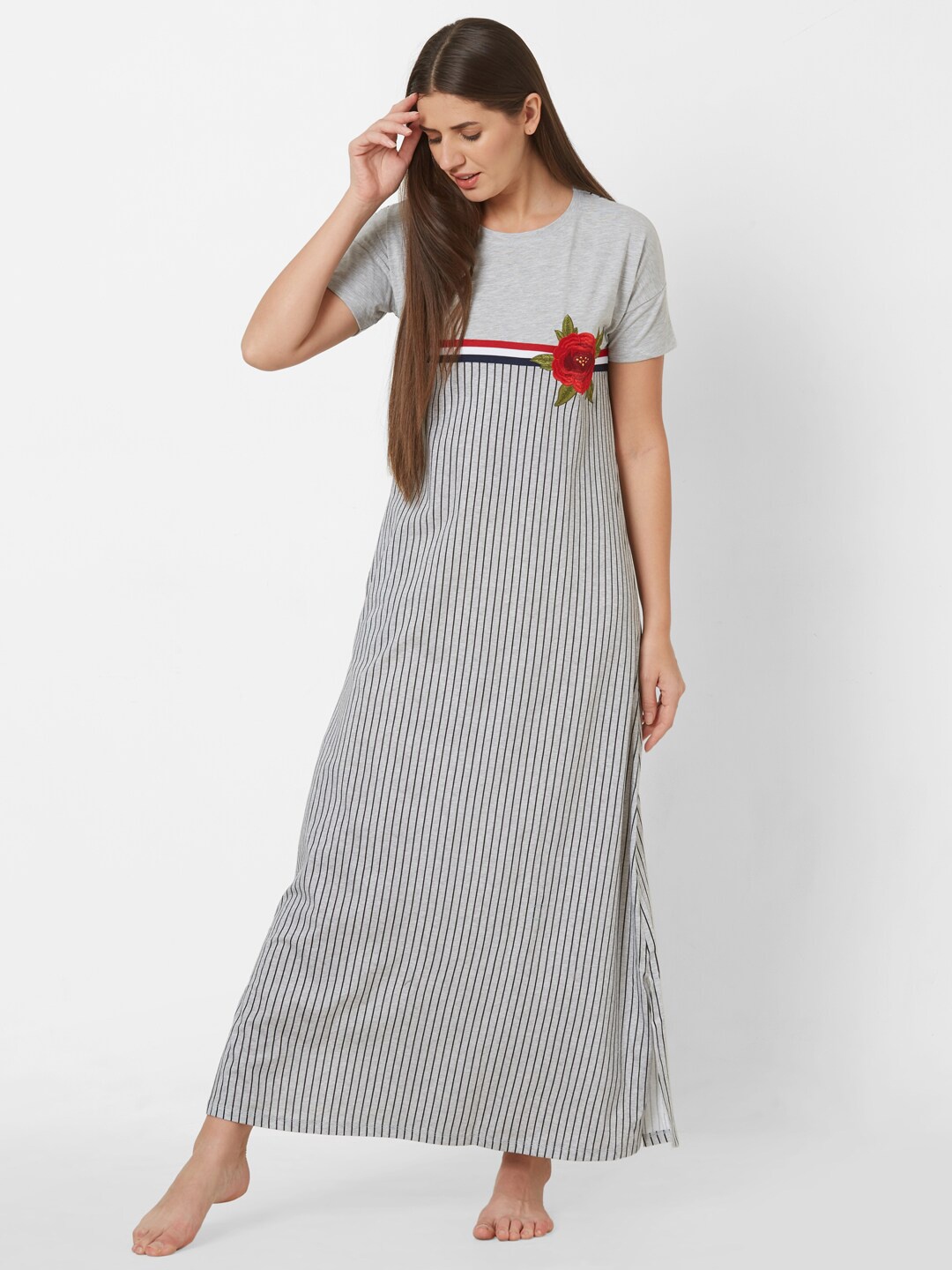 

Sweet Dreams Grey & Navy Blue Striped Maxi Nightdress