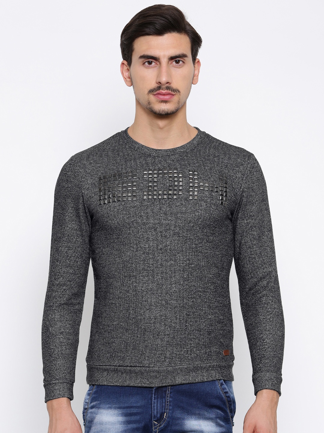 

Ed Hardy Men Charcoal Grey Self-Design Pullover Sweater