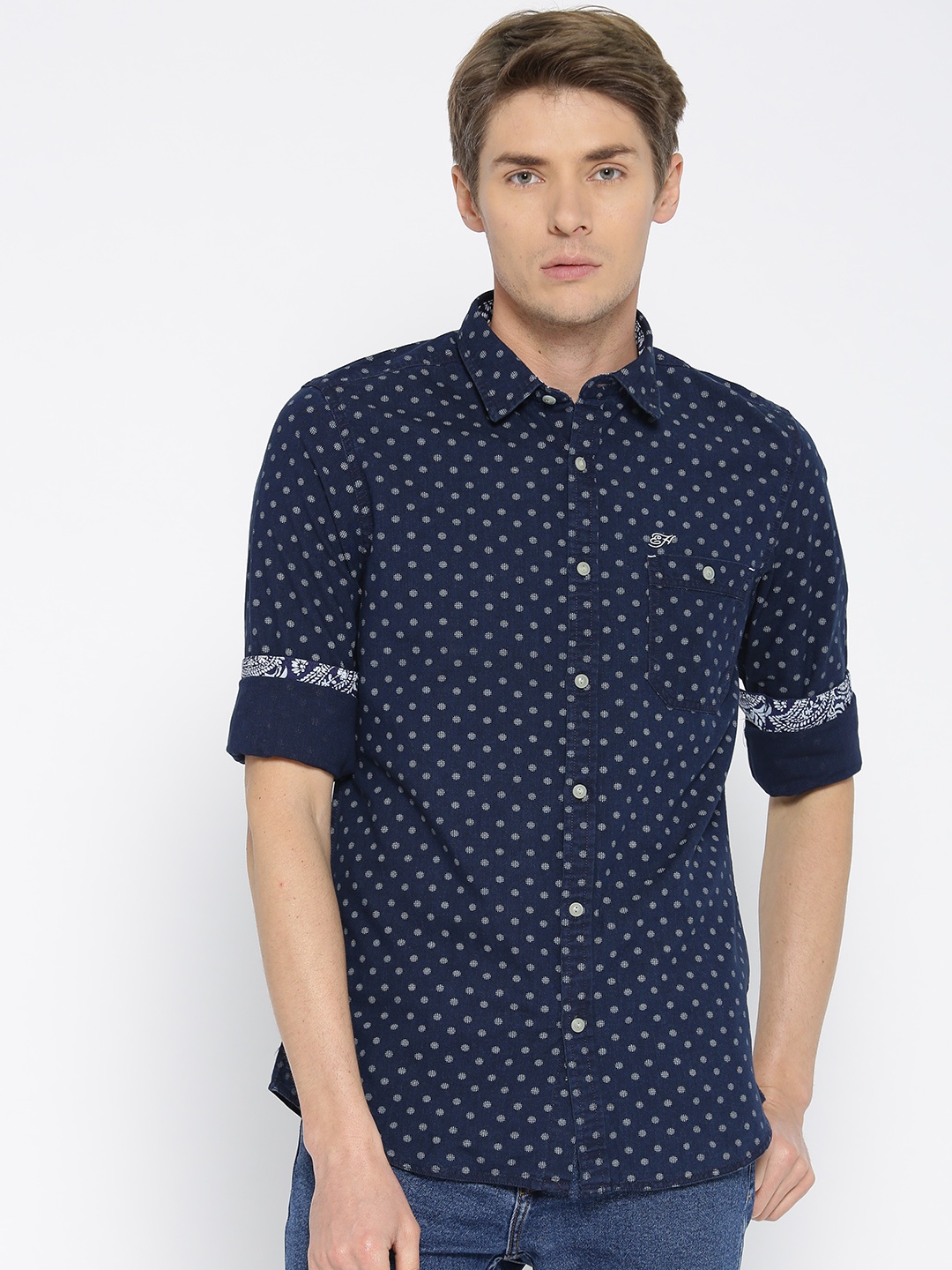 

Ed Hardy Men Navy Blue Regular Fit Printed Denim Casual Shirt