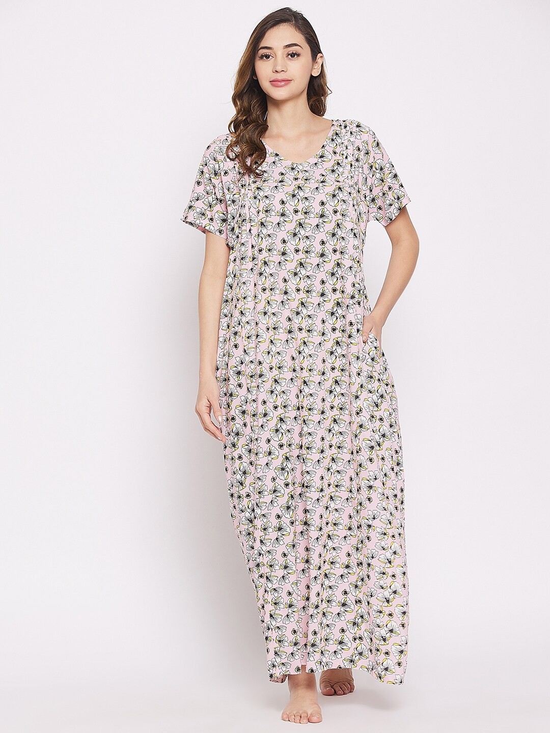 

The Kaftan Company Women Pink Floral Printed Maxi Nightdress