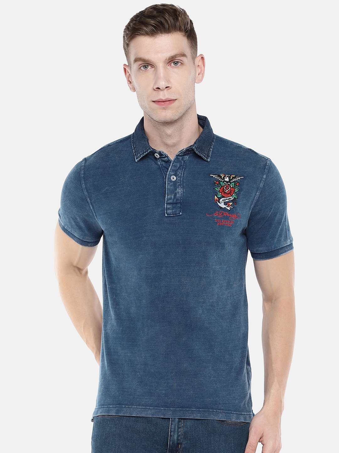 

Ed Hardy Men Blue Solid Polo T-Shirt