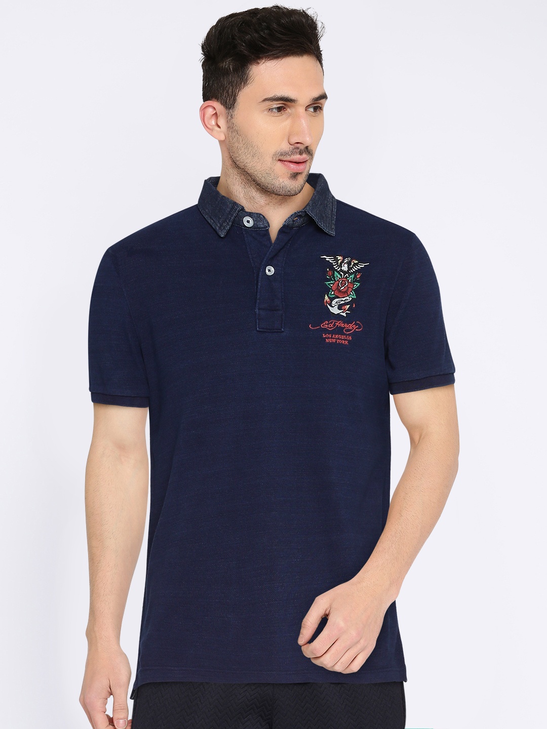 

Ed Hardy Men Navy Solid Polo Collar T-shirt, Navy blue