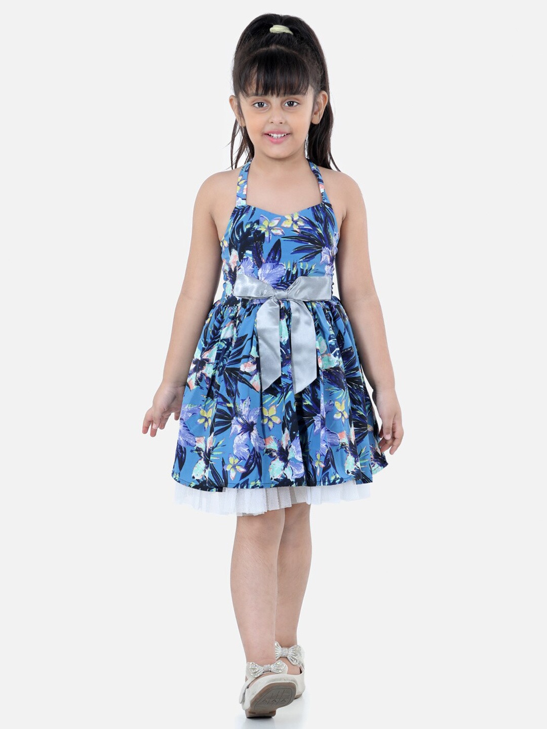 

AWW HUNNIE Blue Floral Halter Neck Crepe Dress