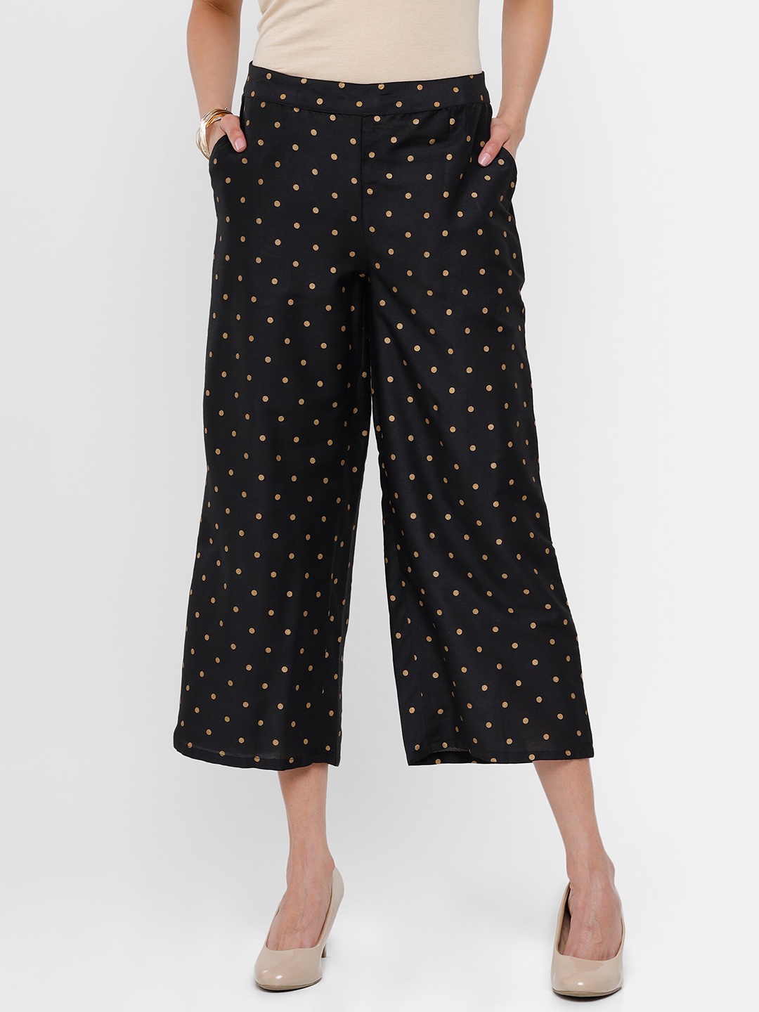 

De Moza Women Black & Gold-Coloured Polka Dots Printed Cropped Palazzos