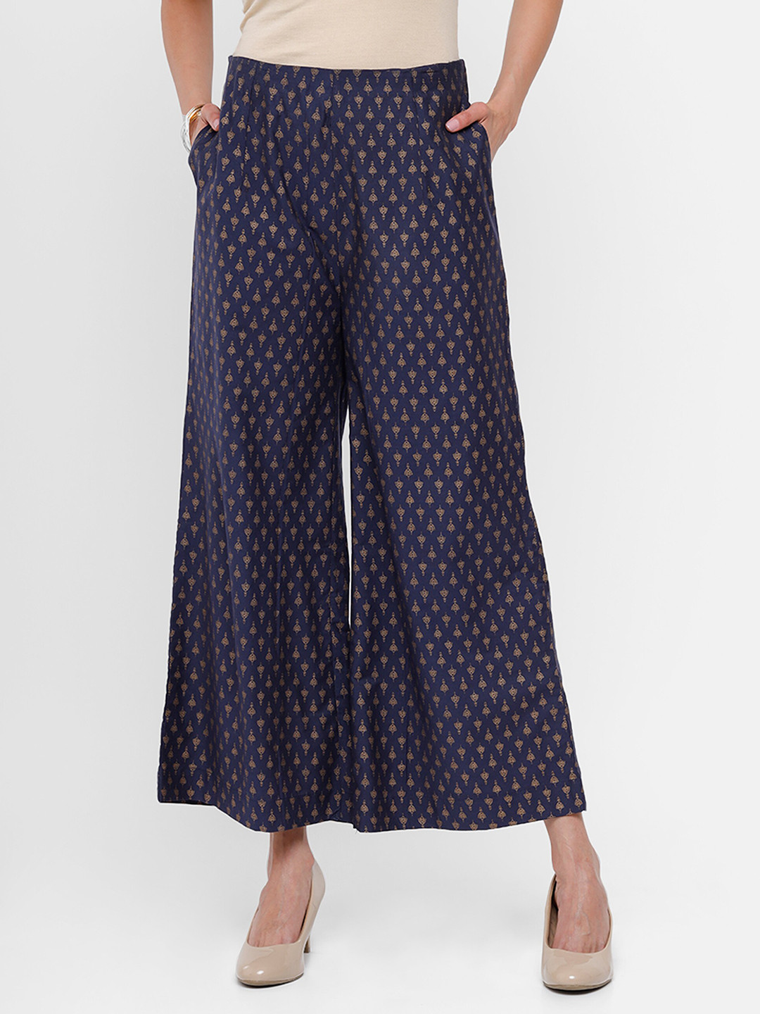 

De Moza Women Navy Blue Printed Wide Leg Palazzo