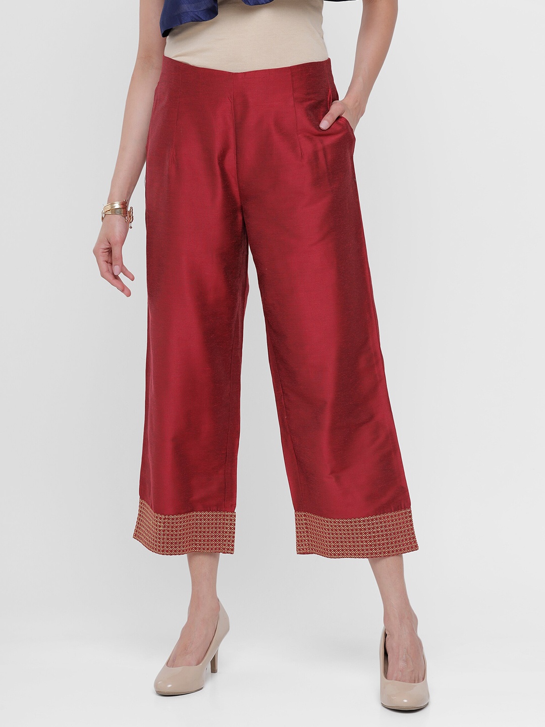 

De Moza Women Maroon & Gold-Toned Ethnic Motifs Embroidered Cropped Palazzos