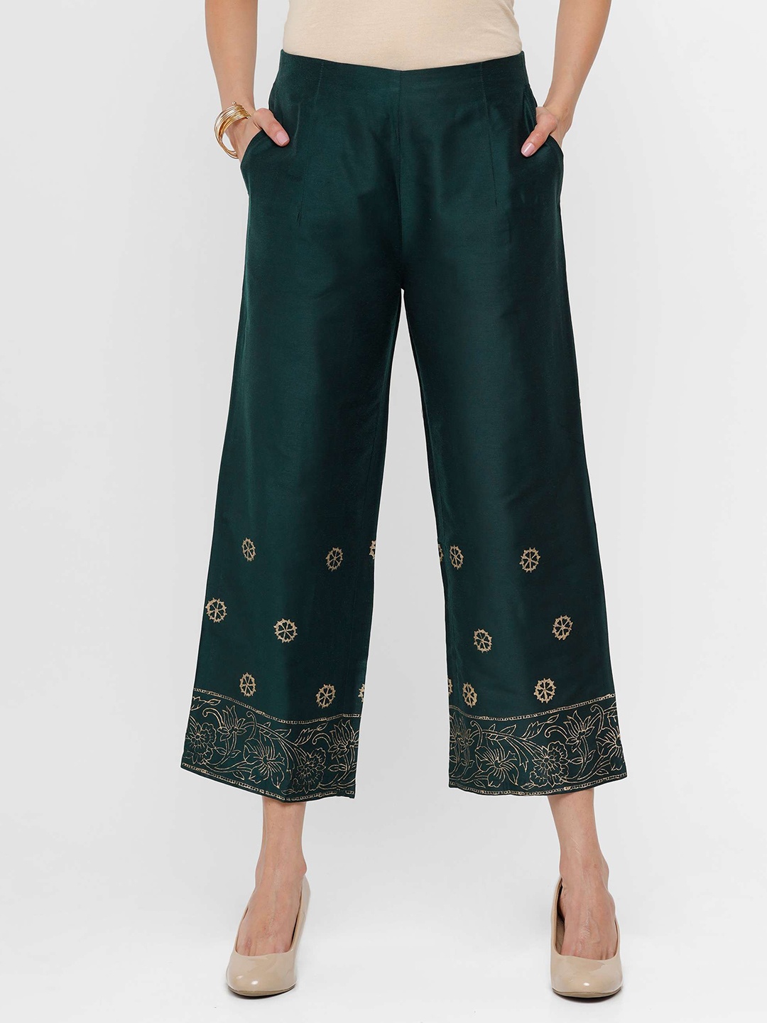 

De Moza Women Green & Gold-Toned Floral Printed Palazzos