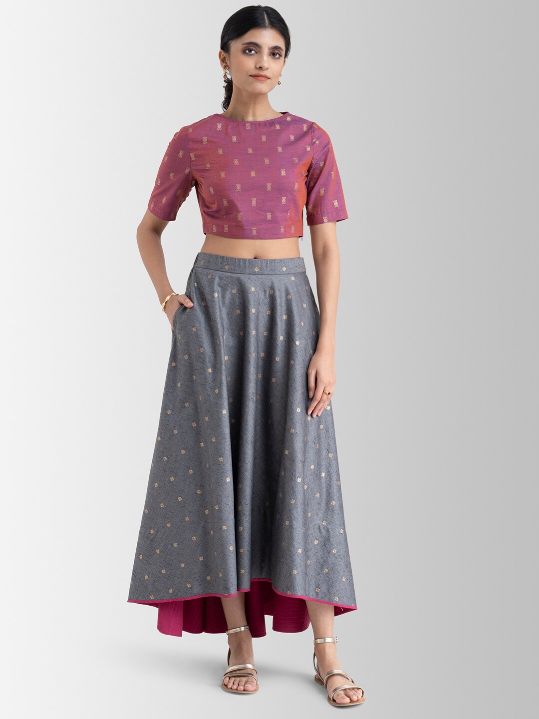

Pink Fort Women Pink & Grey Top With Skirt