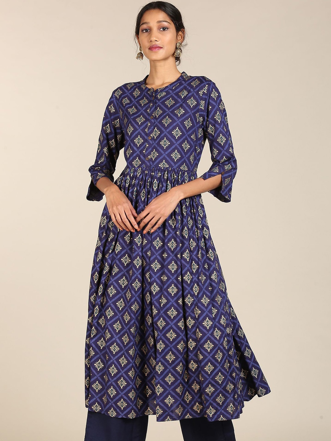 

Karigari Women Blue Geometric Printed Flared Sleeves Anarkali Kurta