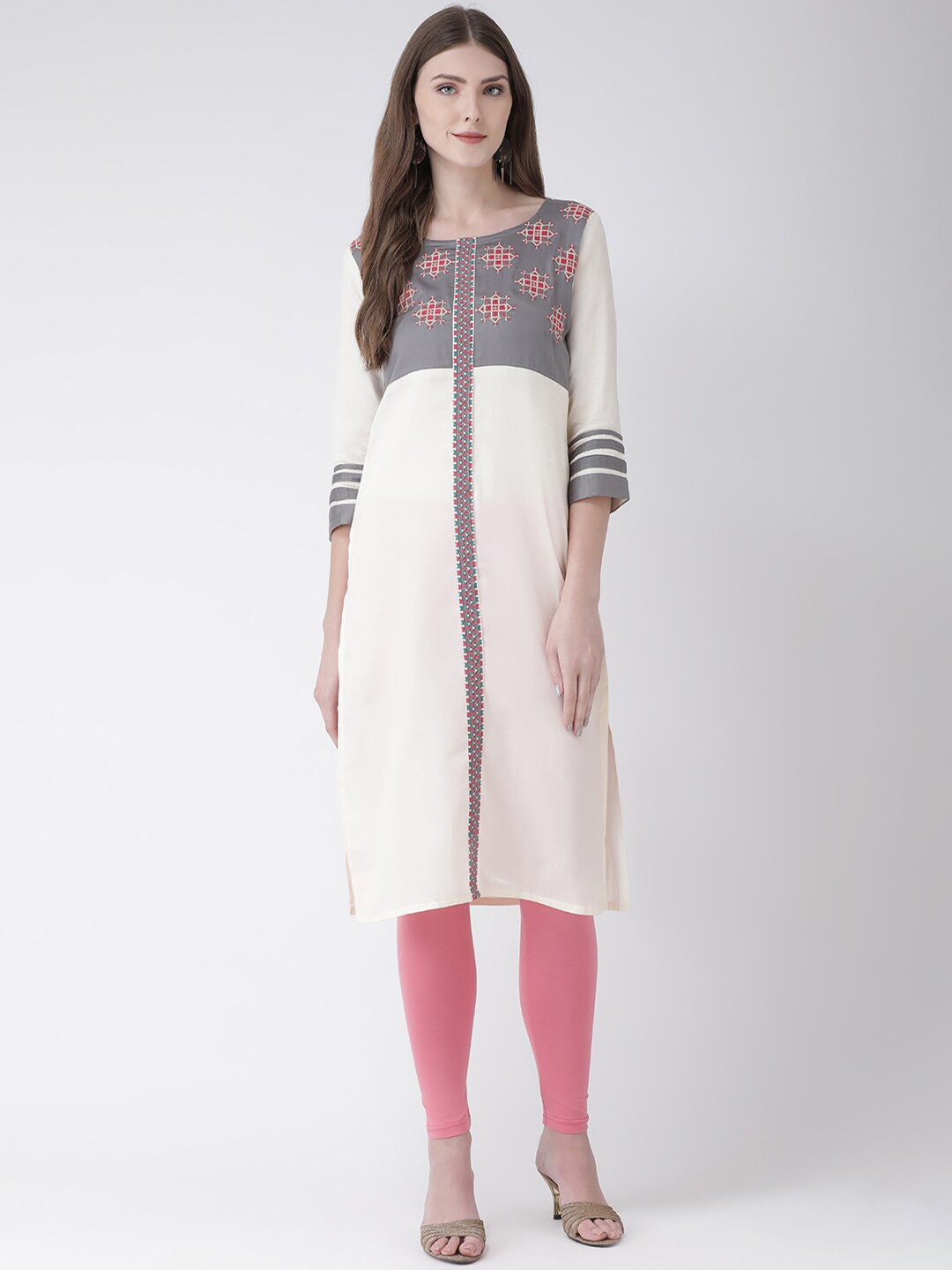 

Span Women Grey & Off White Geometric Yoke Design Thread Work Kurta