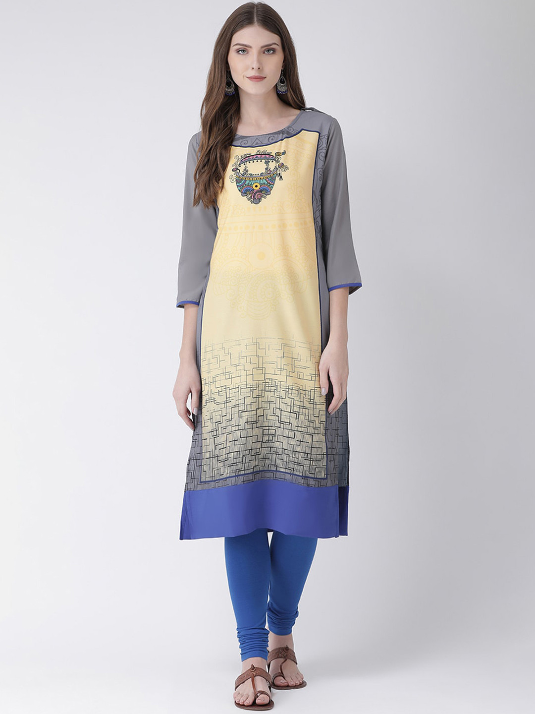 

Span Women Grey & Yellow Ethnic Motifs Printed Kurta