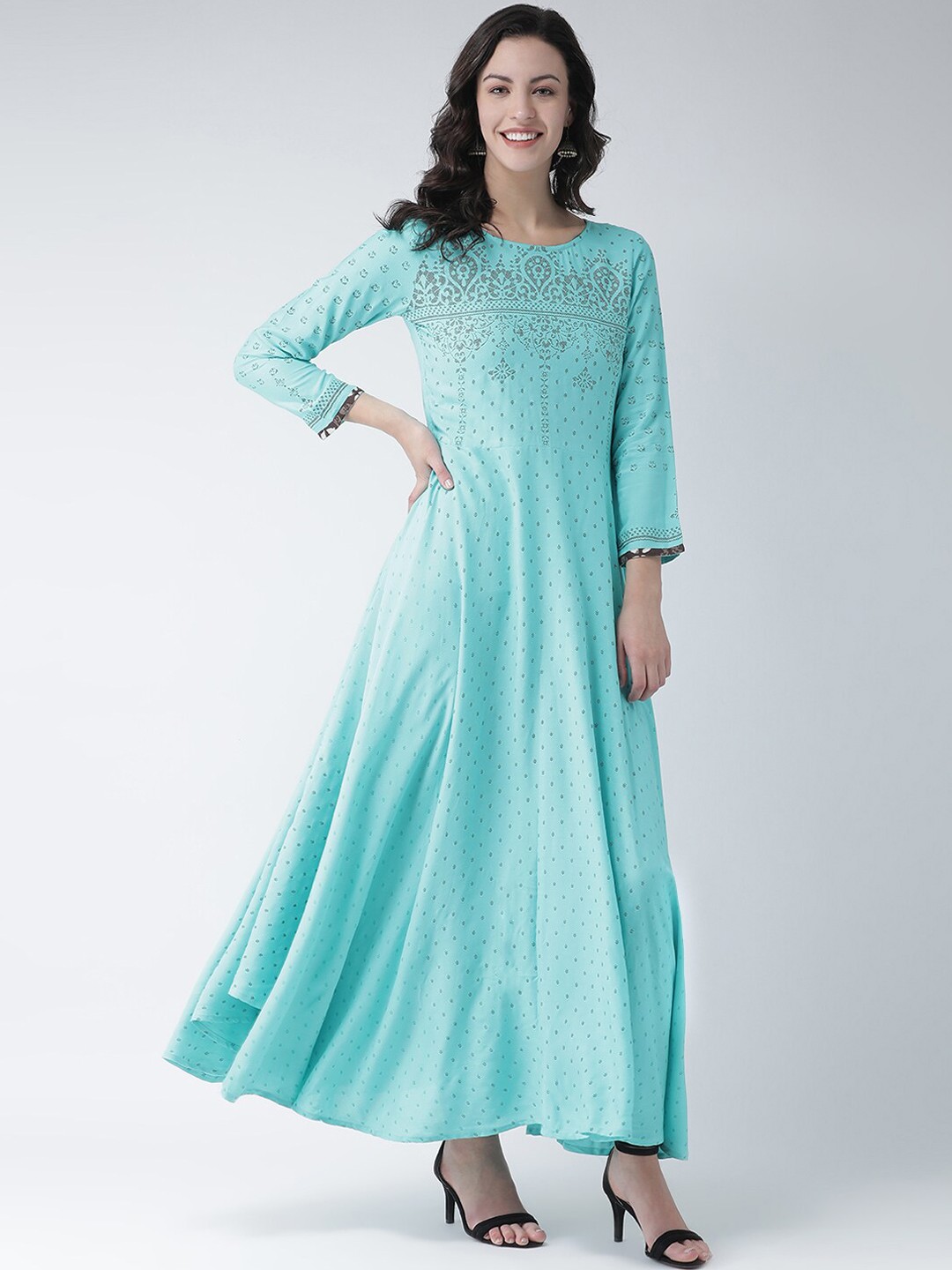 

Span Woman Turquoise Blue Ethnic Motifs Printed Anarkali Kurta