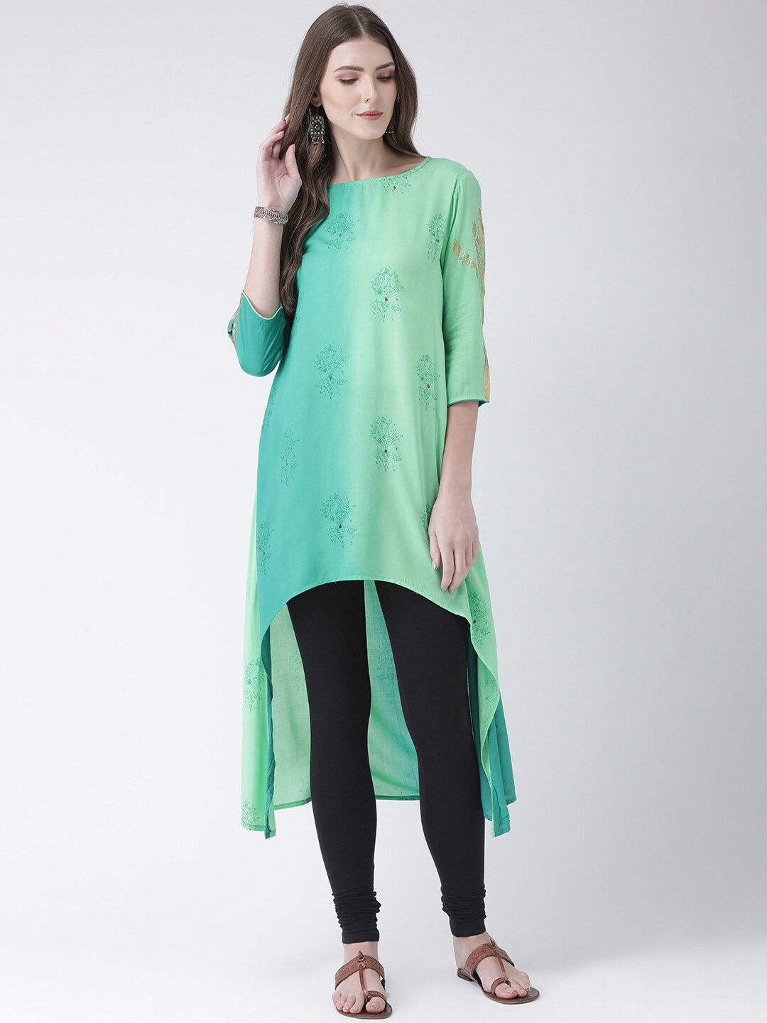 

Span Women Green & Gold-Toned Ethnic Motifs Printed Boat Neck A-line Kurta