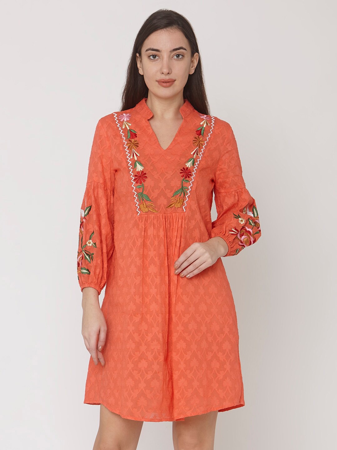 

aaliya Women Orange & Green Floral Jacquard Cotton A-Line Dress