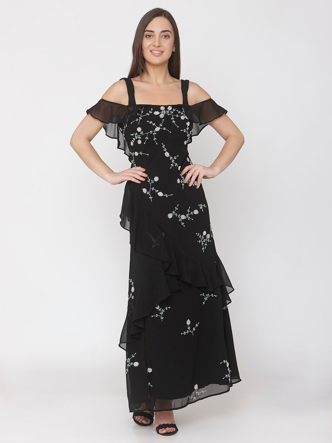

aaliya Women Black Floral Embellished Front-Slit Maxi Dress