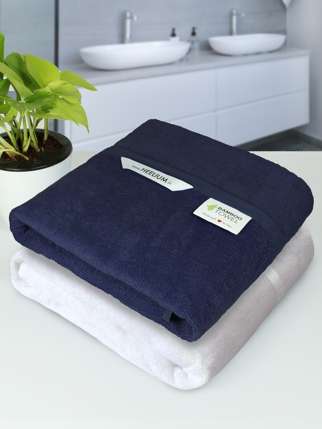 

Heelium Navy Blue & White Set Of 2 Solid 400 GSM Bath Towel