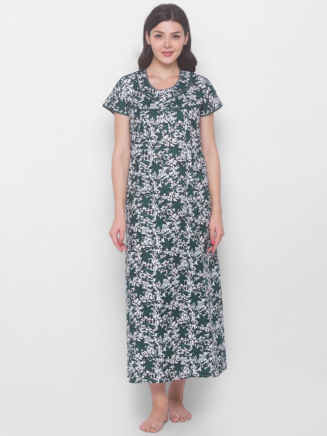 

AV2 Green & White Floral Printed Pure Cotton Maxi Maternity Nightdress