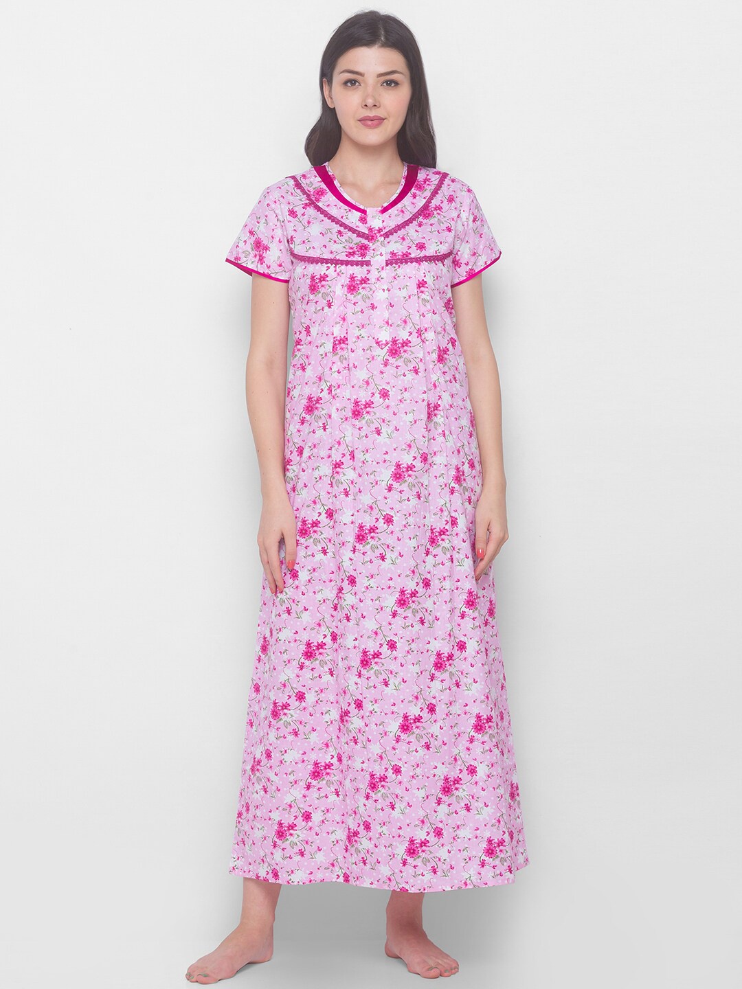 

AV2 Pink & White Floral Printed Maxi Maternity Nightdress