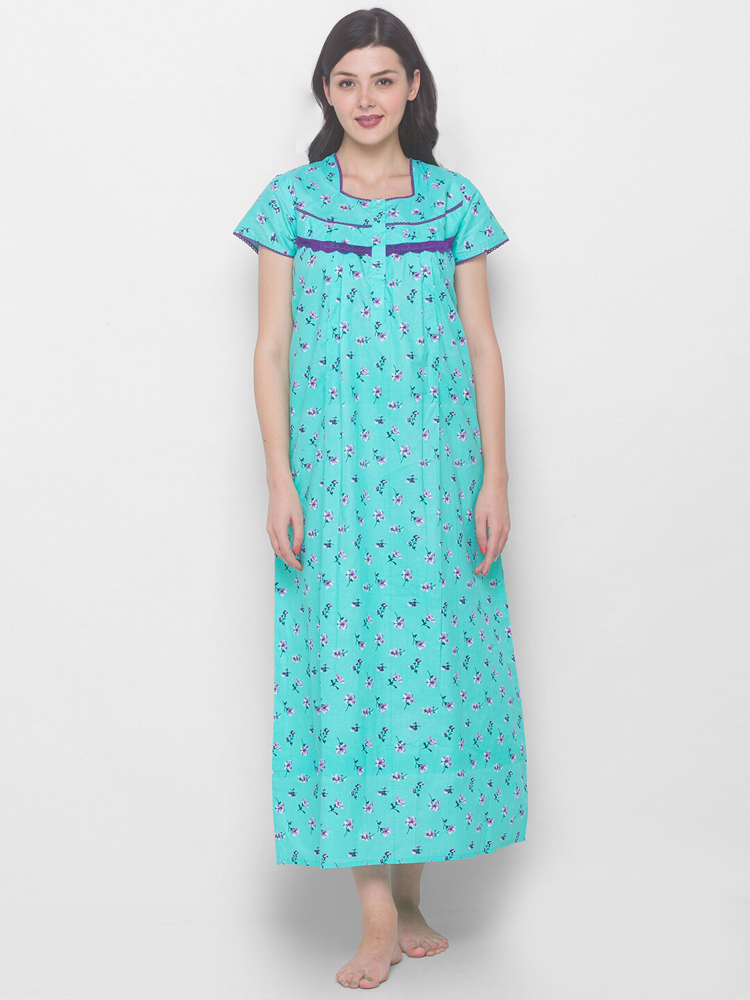 

AV2 Turquoise Blue & Violet Printed Pure Cotton Maternity Maxi Nightdress
