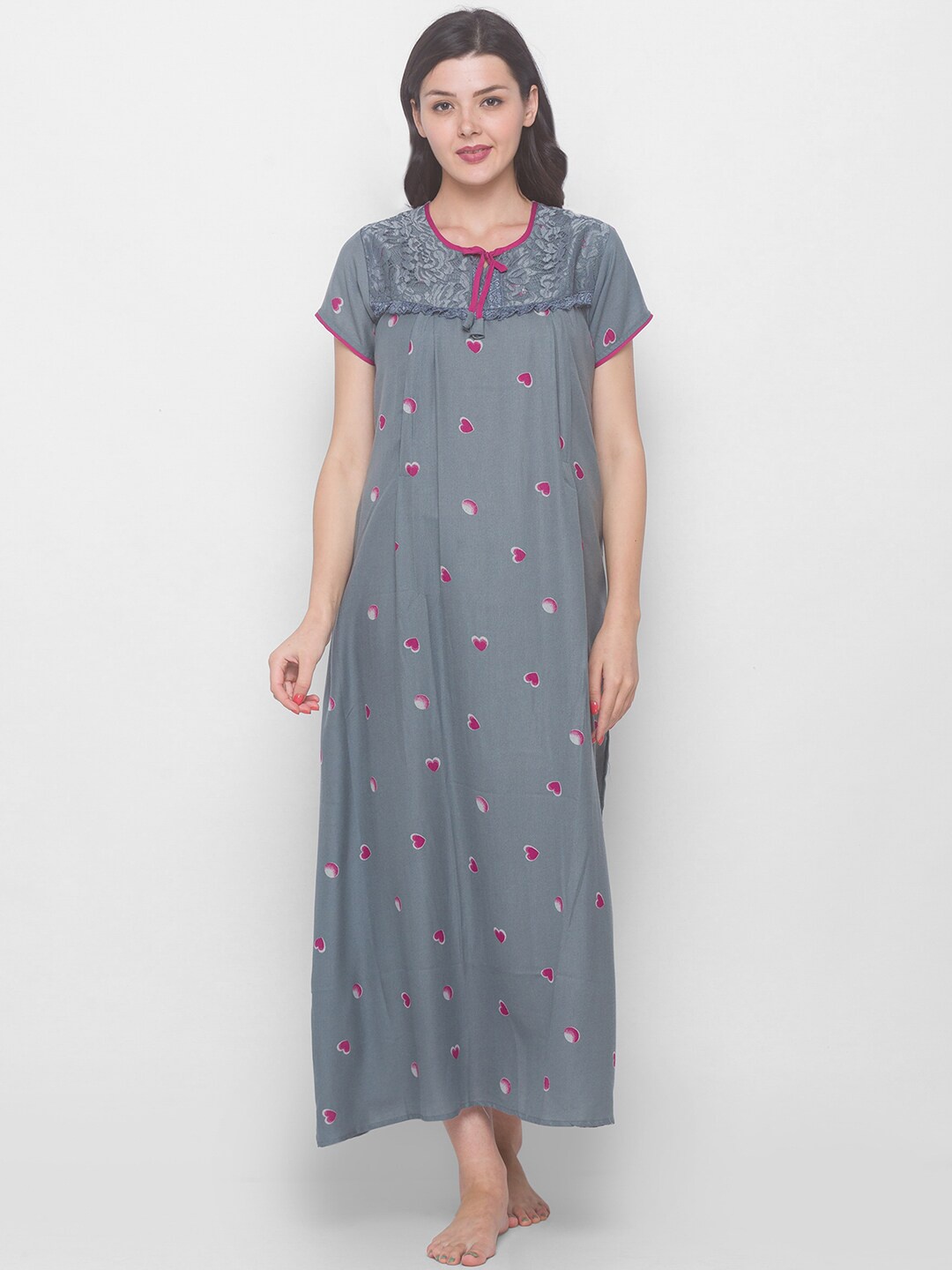 

AV2 Grey Printed Maternity & Nursing Pure Cotton Maxi Nightdress