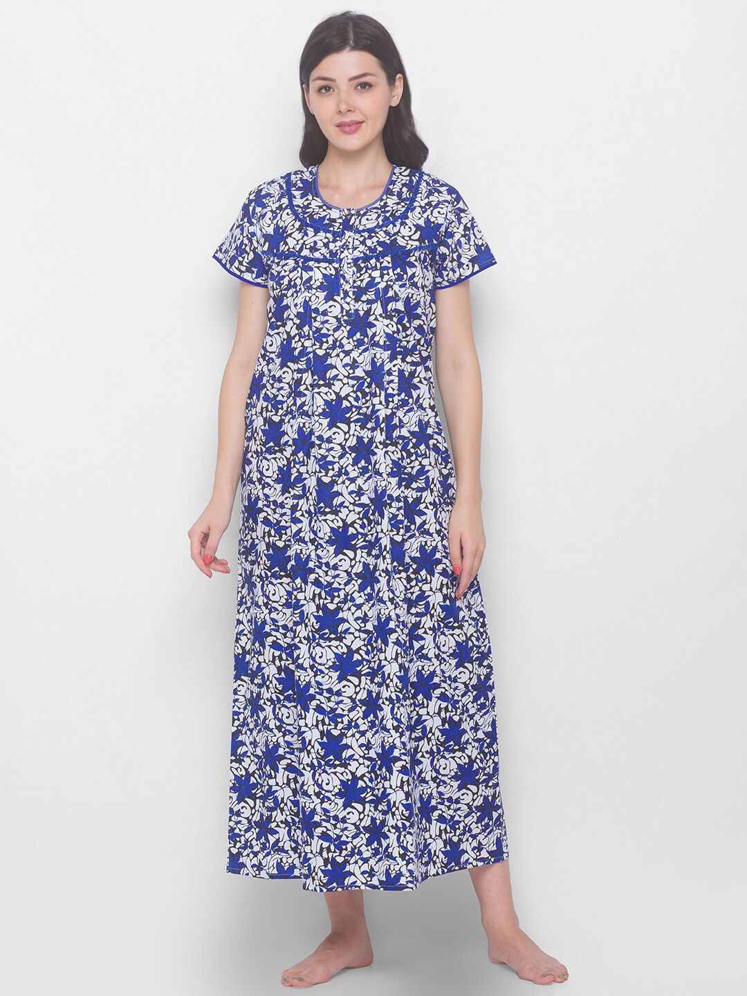 

AV2 Women Blue & White Floral Printed Pure Cotton Maternity Nightdress