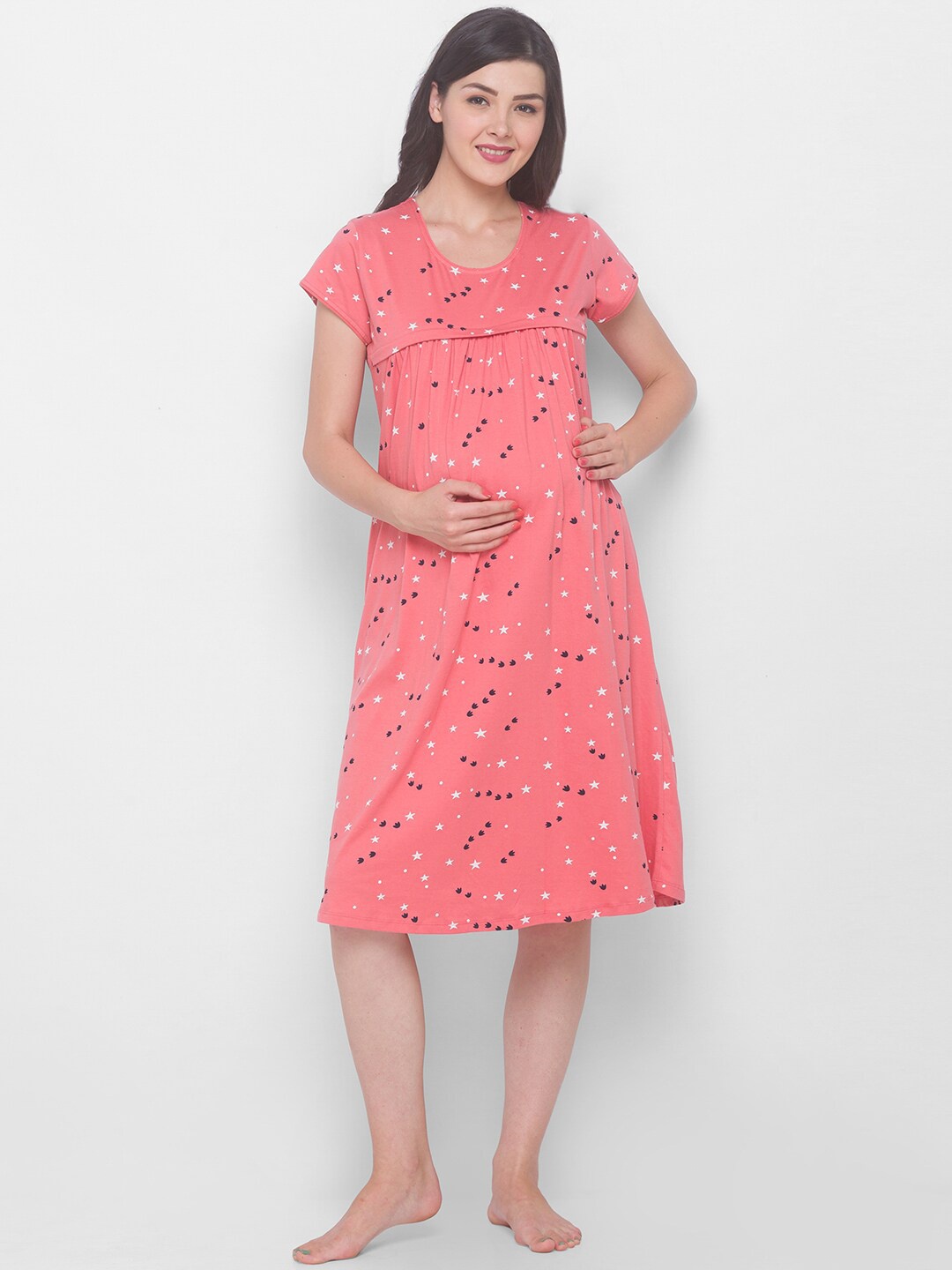 

AV2 Peach-Coloured Maternity Printed Nightdress