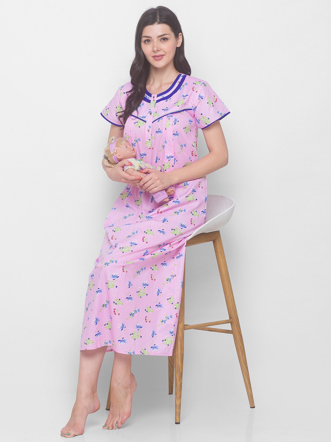 

AV2 Pink & Blue Printed Pure Cotton Maternity Maxi Nightdress