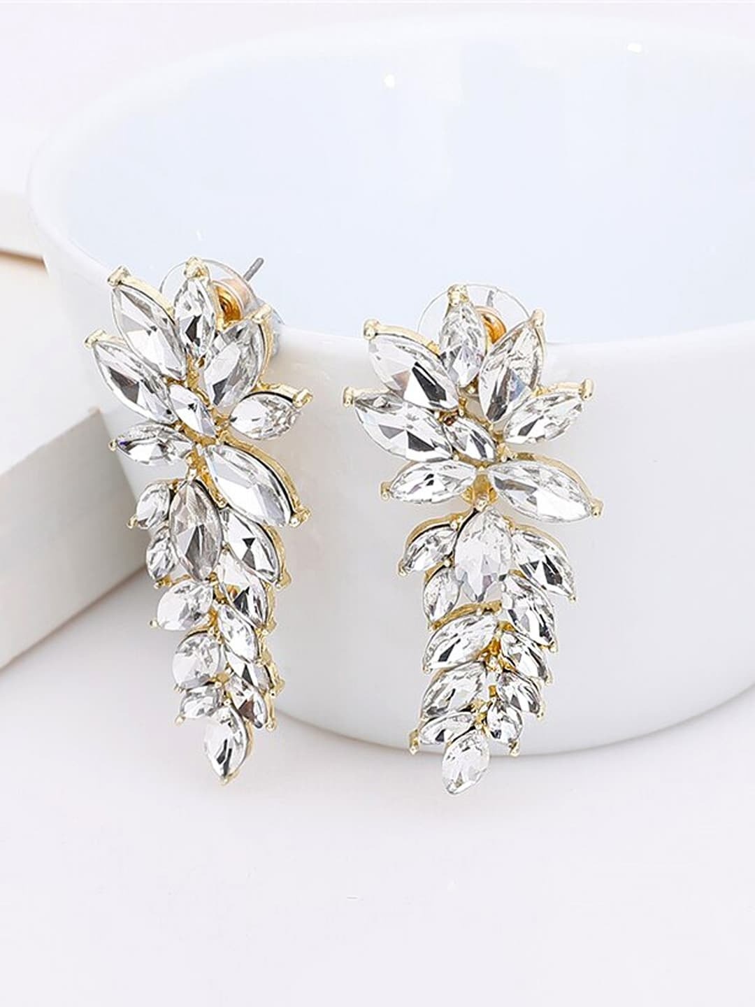 

Yellow Chimes White & GoldLeafy Design Crystal Drop Earrings