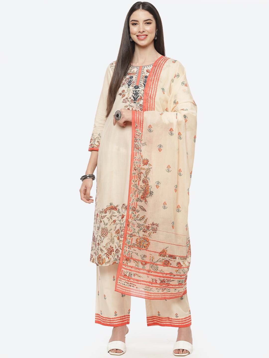 

Biba Women Peach-Coloured Floral Printed Pure Cotton Kurta with Palazzos & With Dupatta