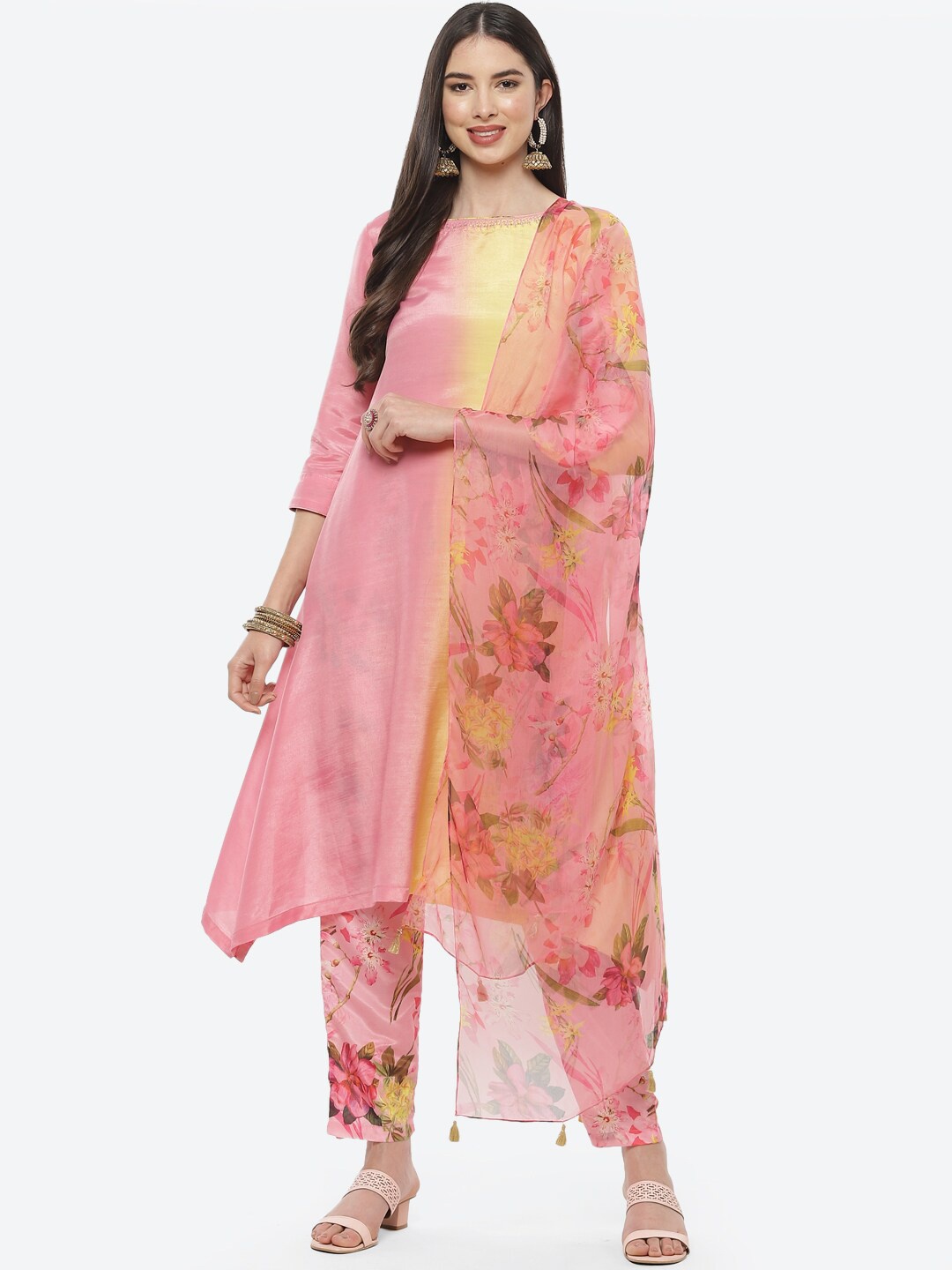 

Biba Women Yellow Floral Colourblocked Kurta with Trousers & With Dupatta