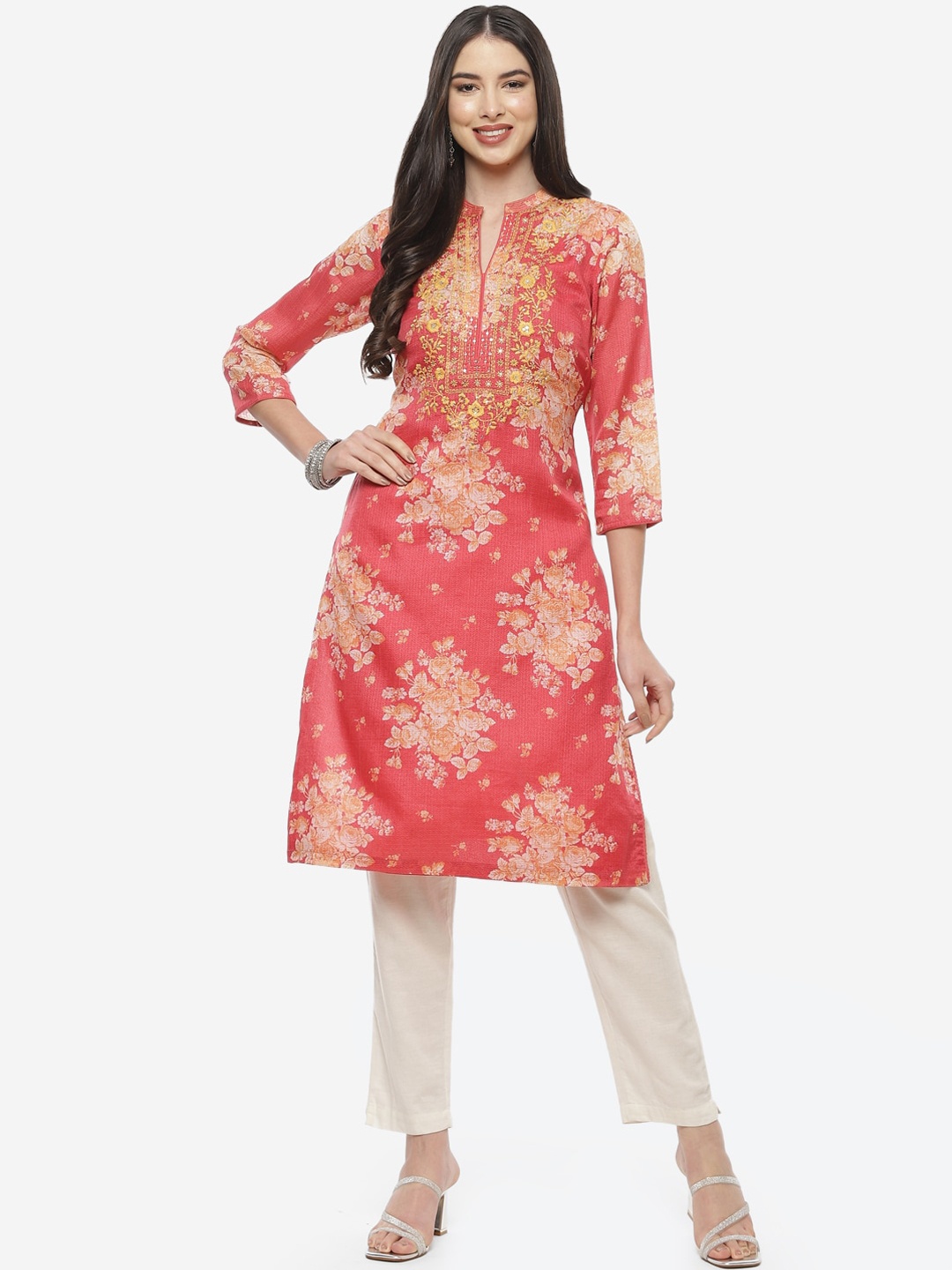 

Biba Women Red Floral Printed Thread Work Kurta