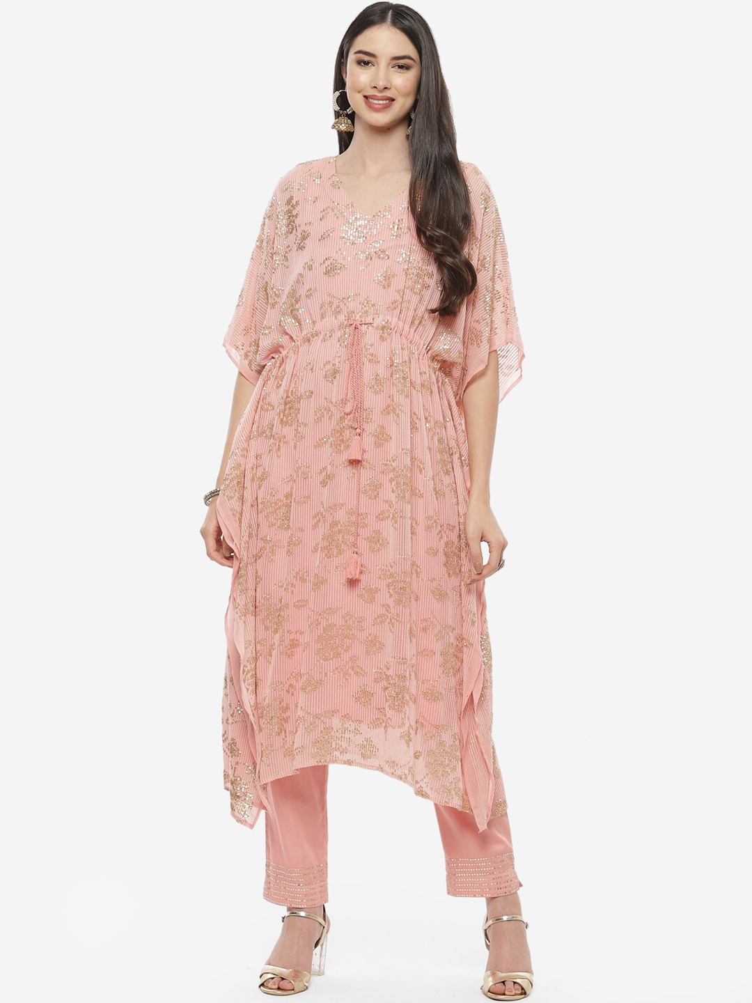 

Biba Women Pink Floral Embroidered Sequinned Kaftan Kurta with Trousers