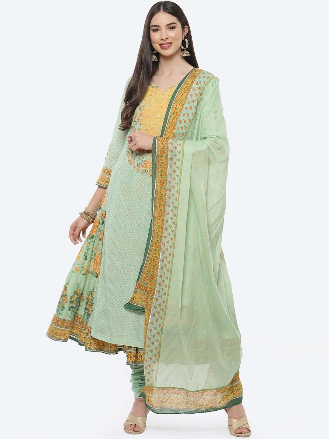 

Biba Women Sea Green Floral Layered Kurta With Churidar & Dupatta