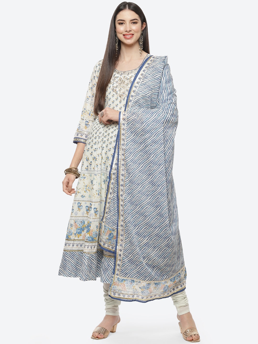 

Biba Women Beige & Blue Ethnic Motifs Printed Pure Cotton Kurta with Churidar & Dupatta