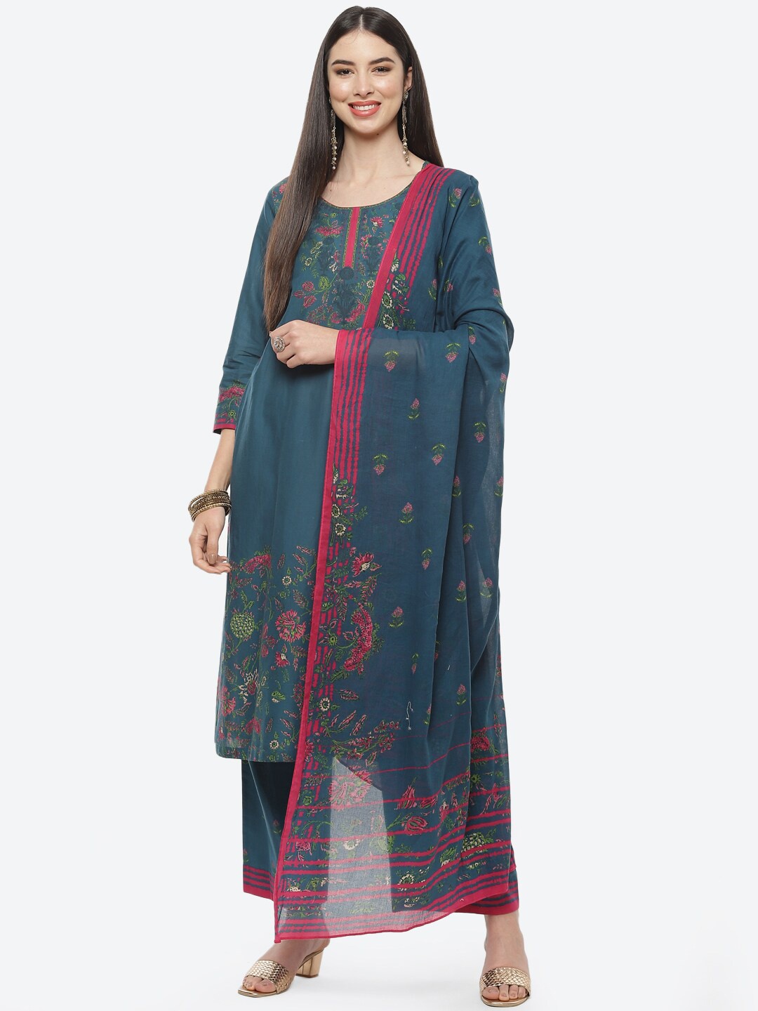 

Biba Women Blue Floral Printed Pure Cotton Kurta with Salwar & Dupatta