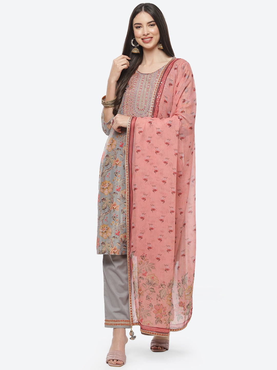 

Biba Women Grey Ethnic Motifs Printed Kurta with Palazzos & With Dupatta
