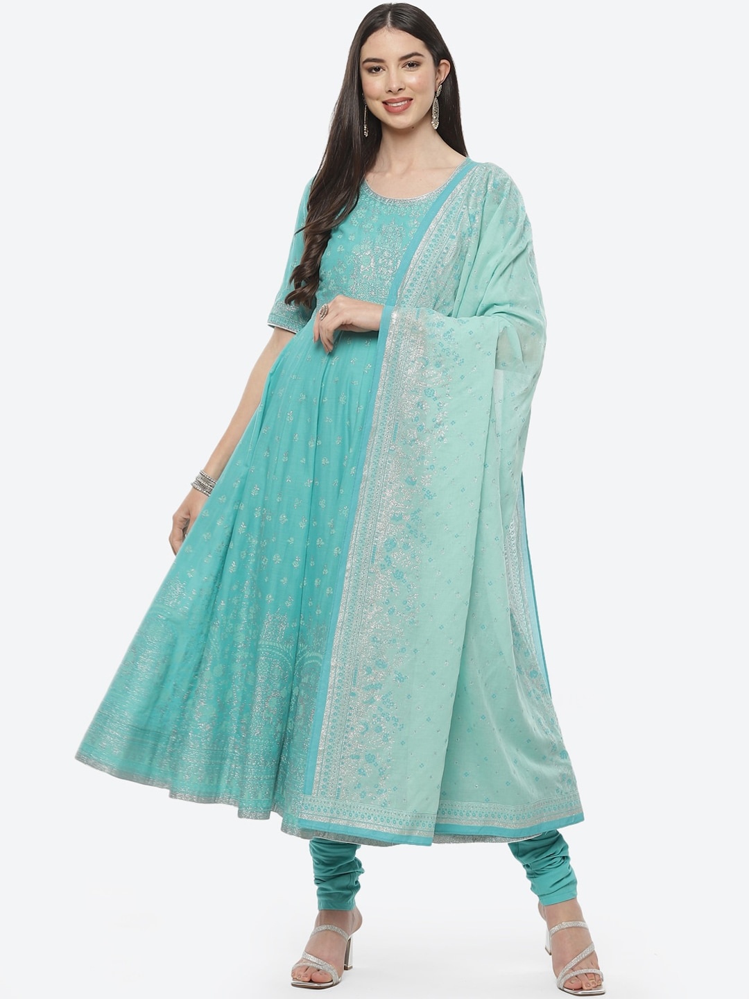 

Biba Women Turquoise Blue Floral Printed Kurta with Churidar & With Dupatta