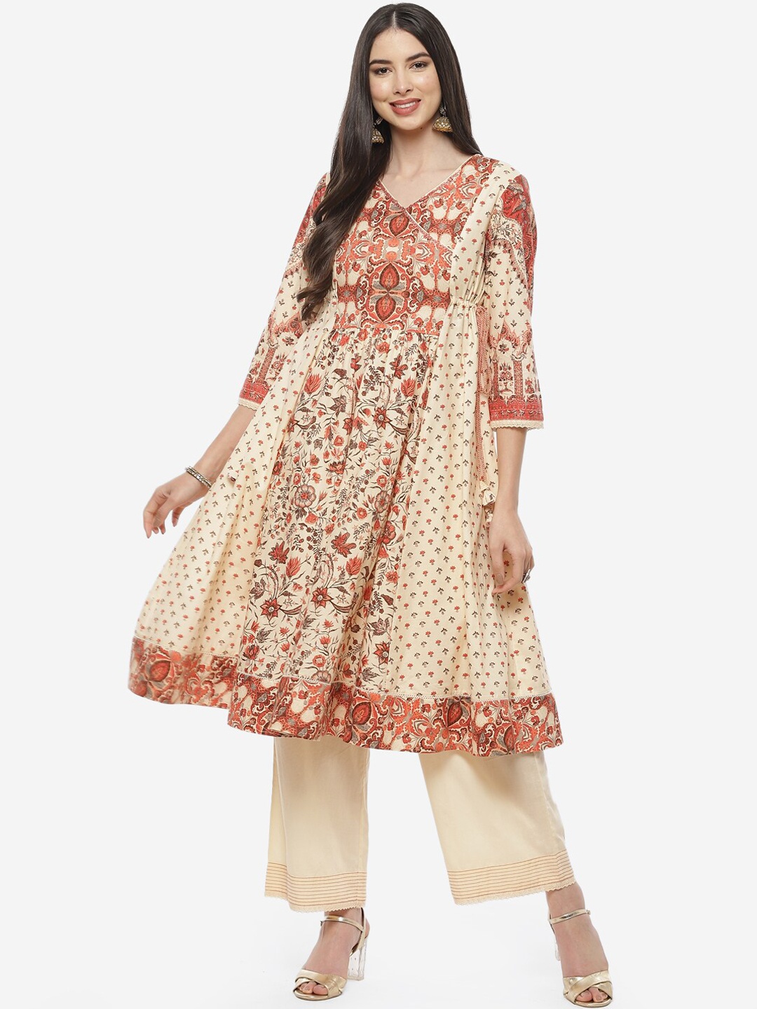 

Biba Women Cream-Coloured Ethnic Motifs Printed Pure Cotton Kurta with Trousers