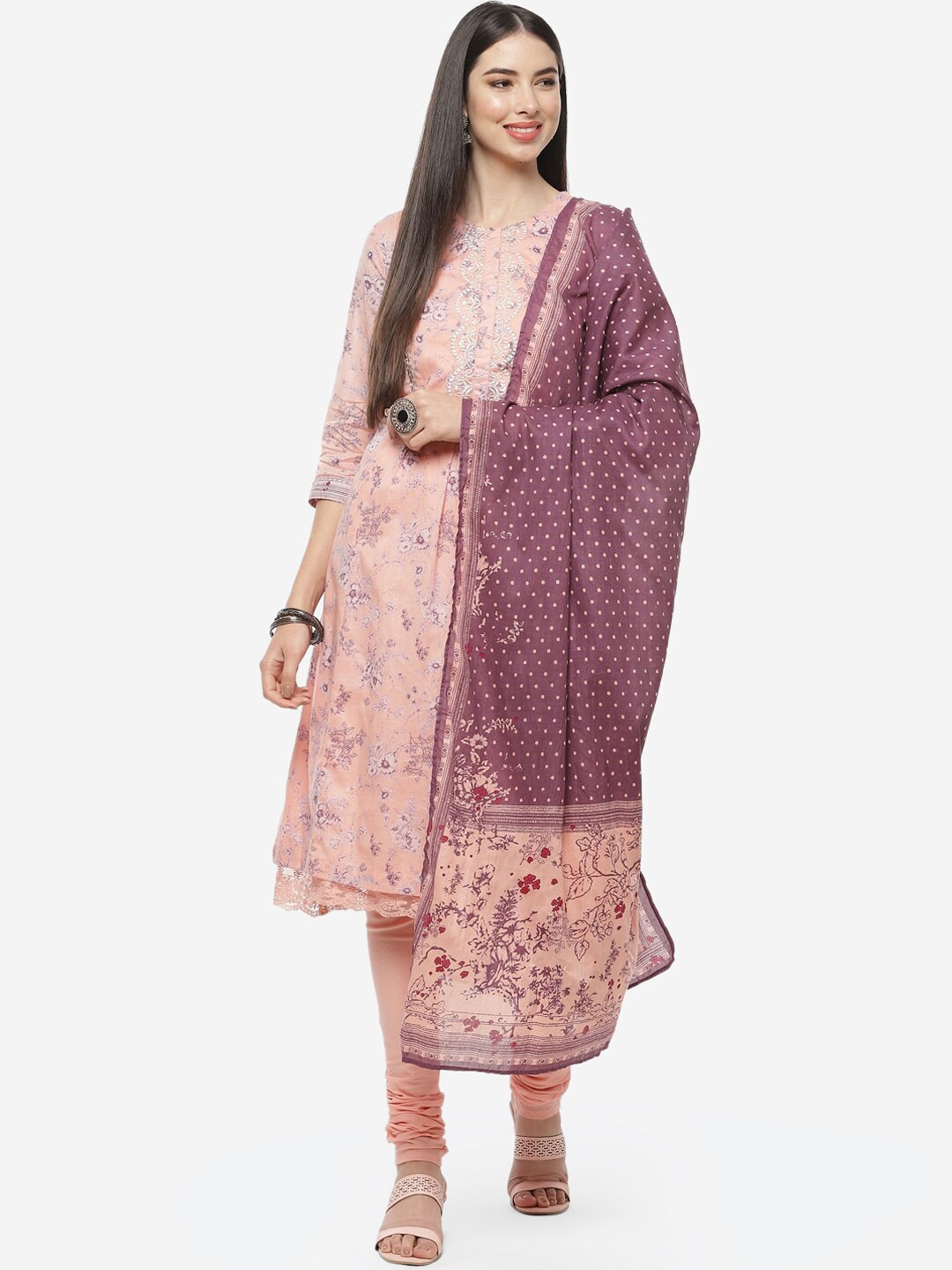 

Biba Women Pink & Purple Floral Printed Pleated Kurta With Churidar & Dupatta