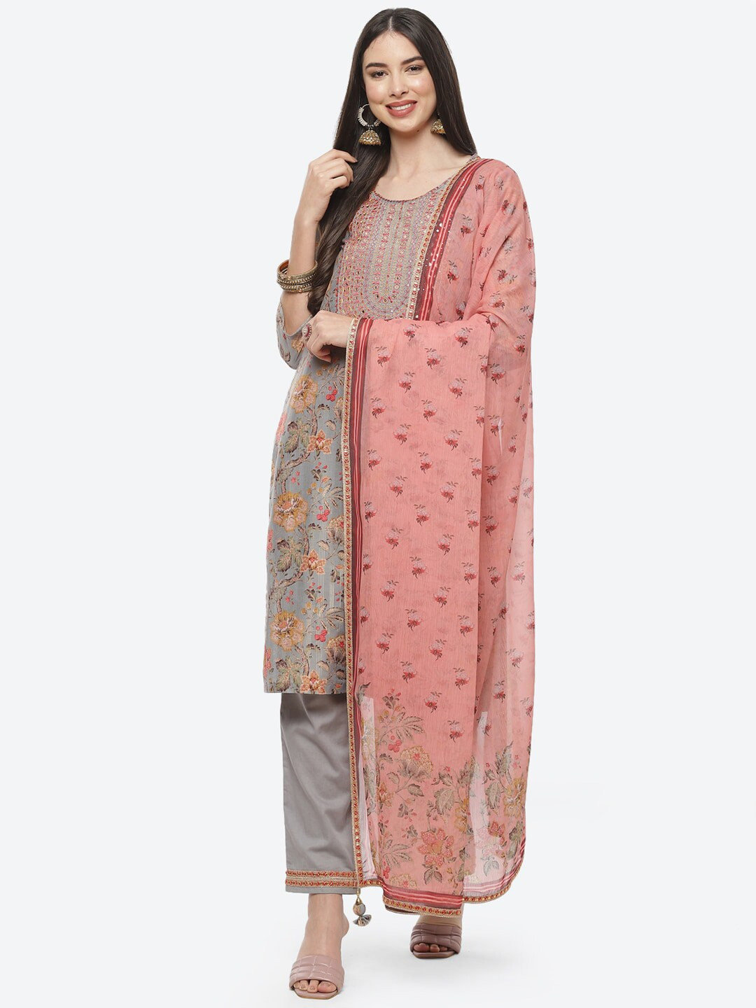 

Biba Women Grey Ethnic Motifs Kurta with Trousers & With Dupatta