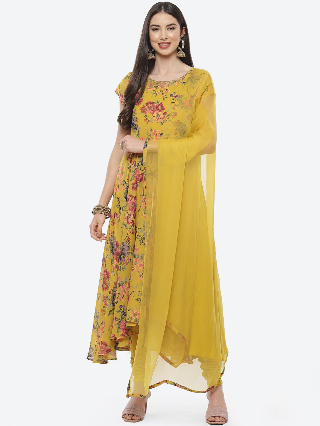 

Biba Women Mustard Yellow Floral Printed Empire Pure Cotton Kurta with Salwar & Dupatta