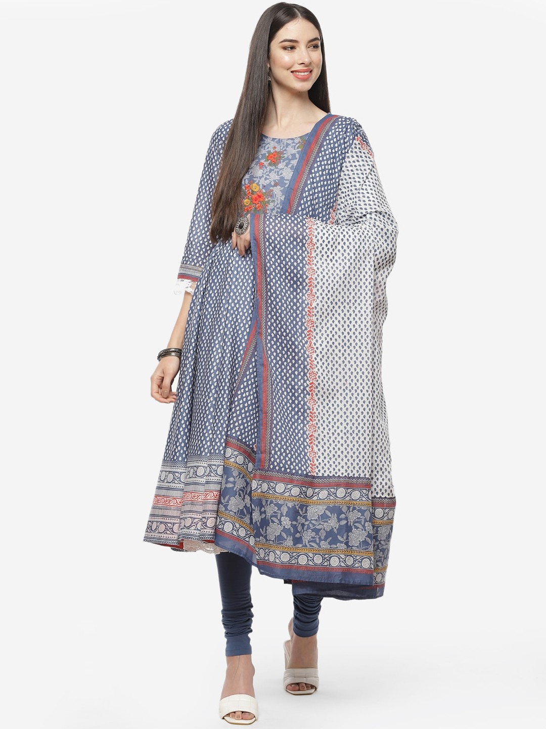 

Biba Women Blue Floral Printed Anarkali Kurta Set With Dupatta