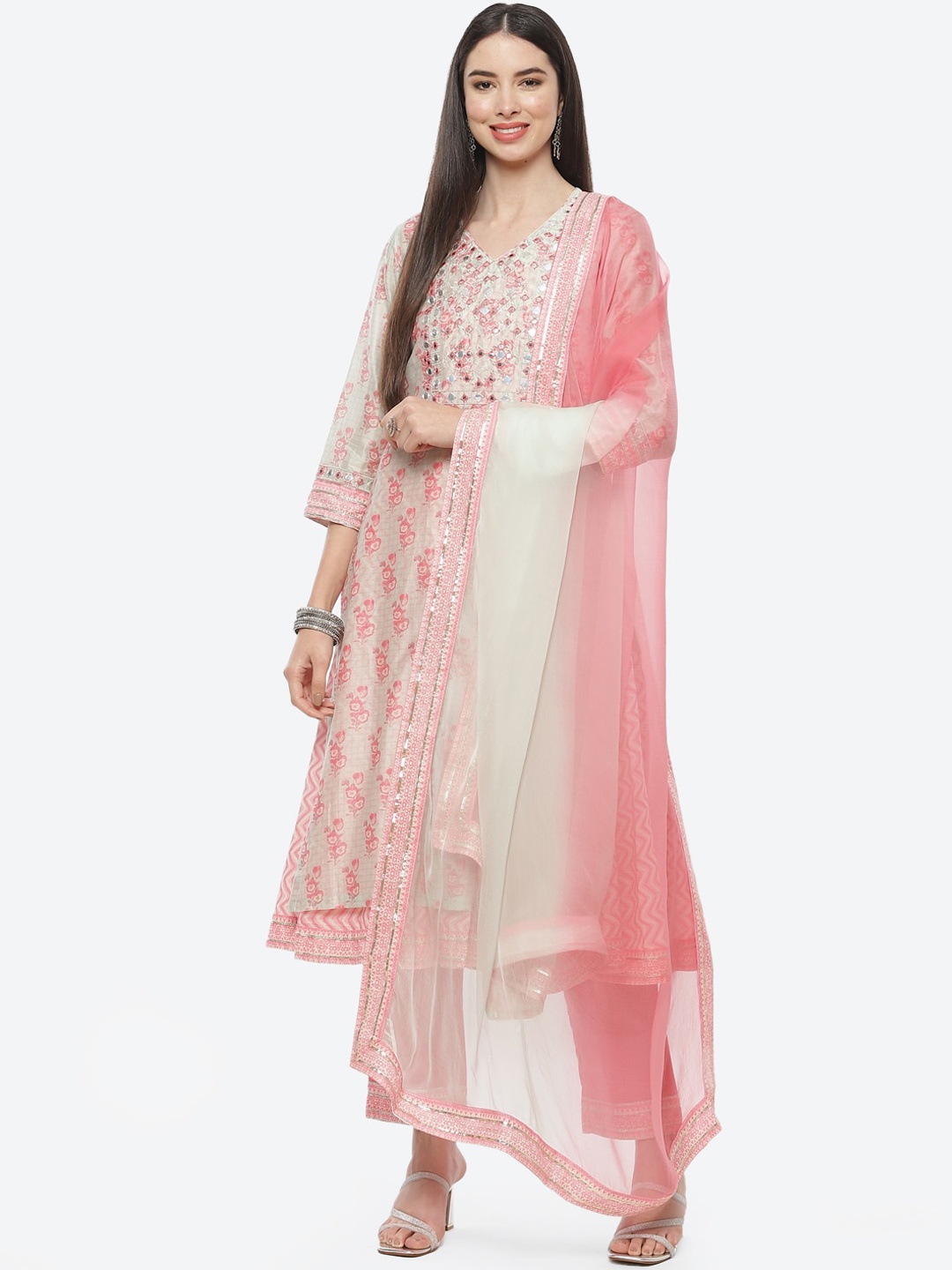 

Biba Women Off White Ethnic Motifs Printed Kurta with Trousers & With Dupatta