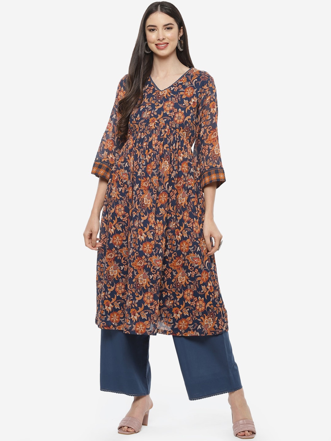

Biba Women Blue Floral Printed Pure Cotton Kurti with Palazzos