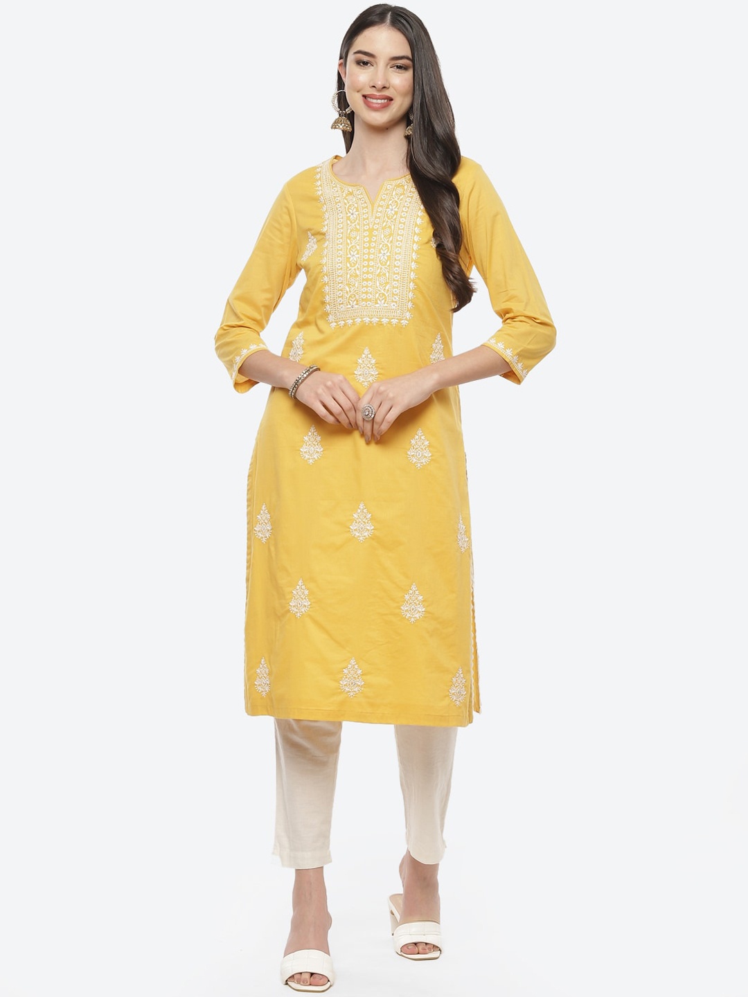 

Biba Women Yellow Ethnic Motifs Embroidered Chikankari Kurta