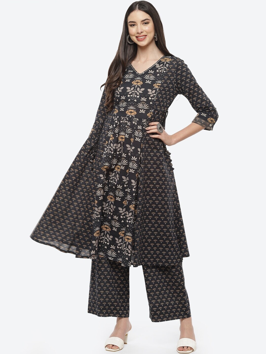 

Biba Women Black Ethnic Motifs Printed Panelled Pure Cotton Kurta with Palazzos