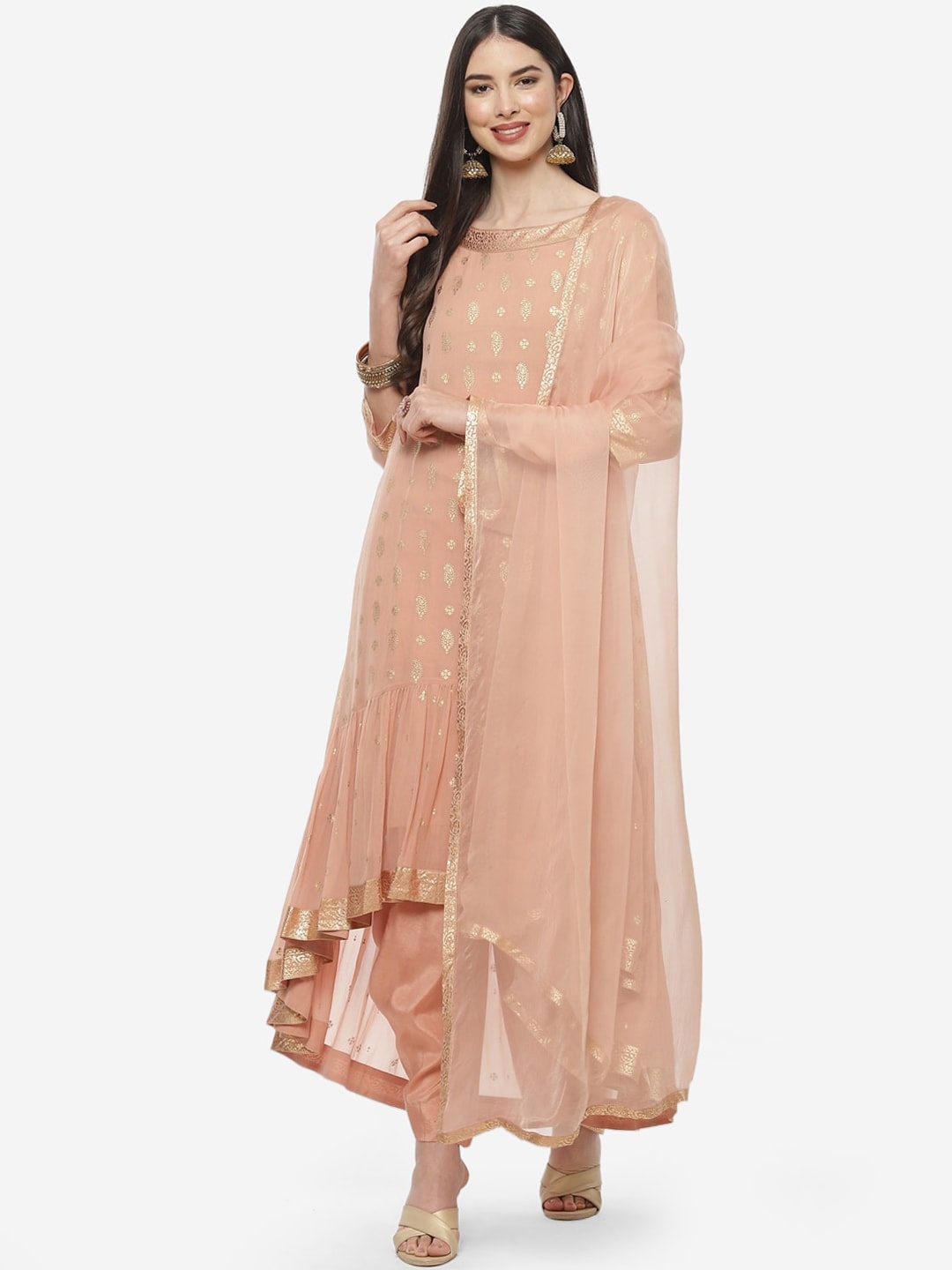 

Biba Women Pink Ethnic Motifs Embellished Kurta & Dhoti Pants Set With Dupatta