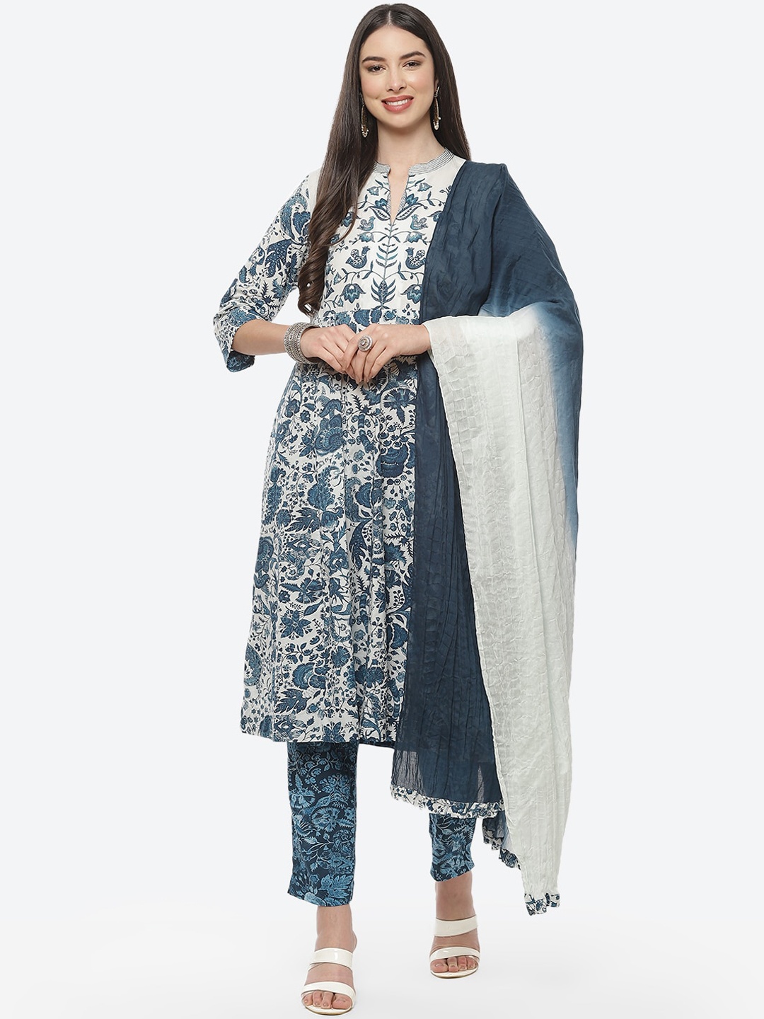 

Biba Women White & Blue Floral Printed Pure Cotton Kurta With Trousers & Dupatta