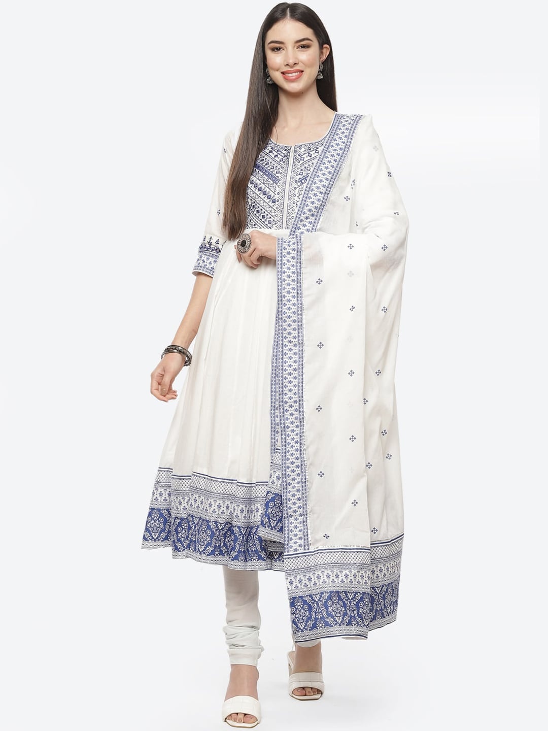 

Biba Women White Floral Printed Pure Cotton Kurta with Churidar & With Dupatta